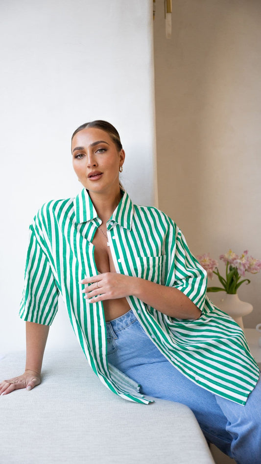 Annie Button Up Shirt - Green Stripe